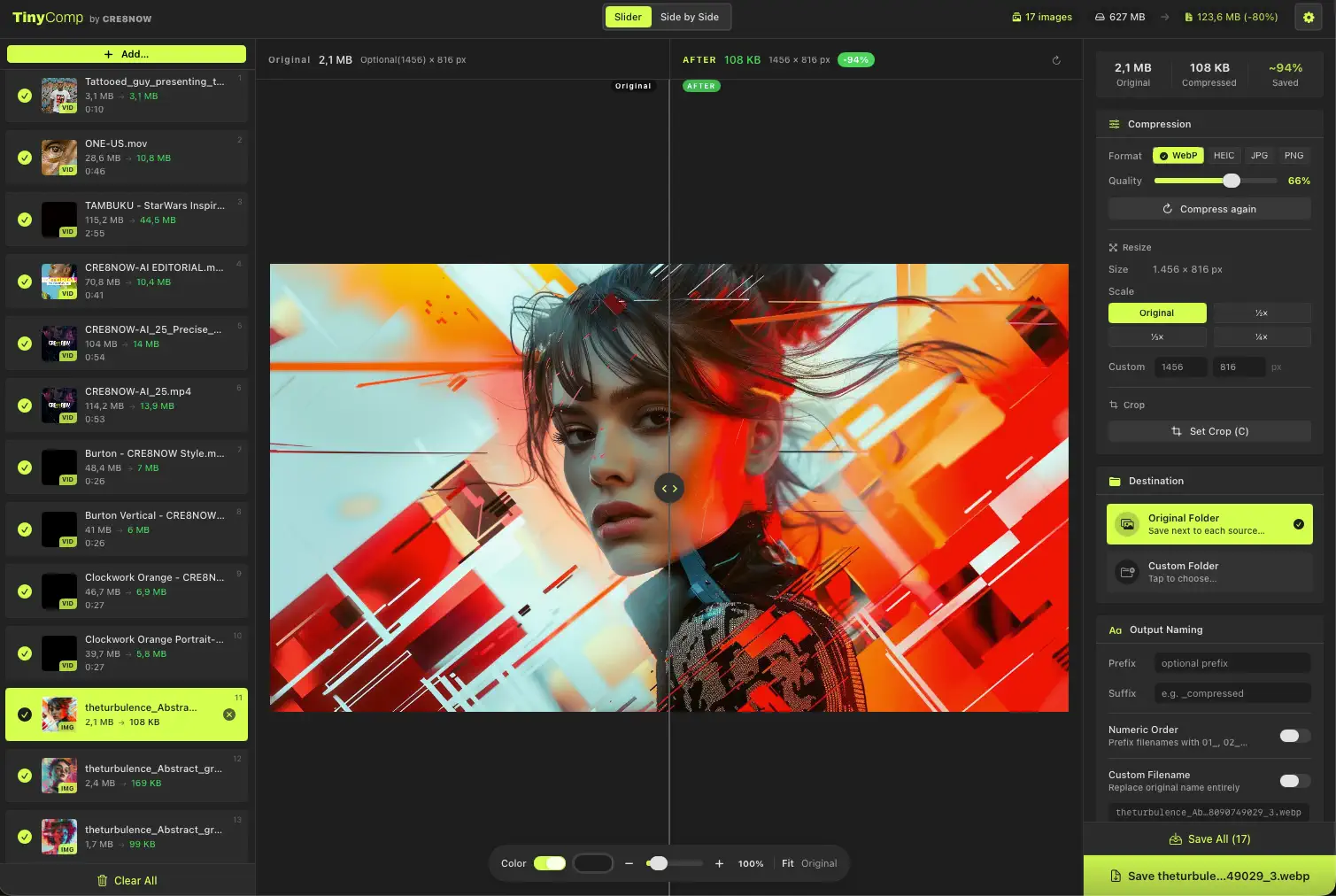 TinyComp compressing a batch of images on macOS