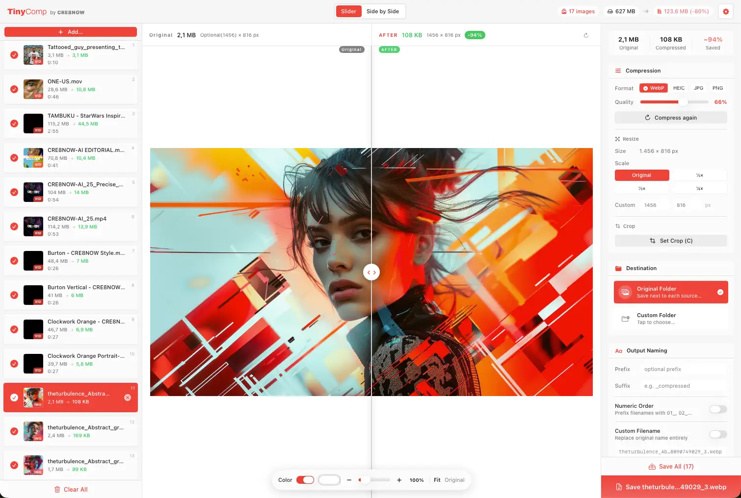 TinyComp compressing a batch of images on macOS